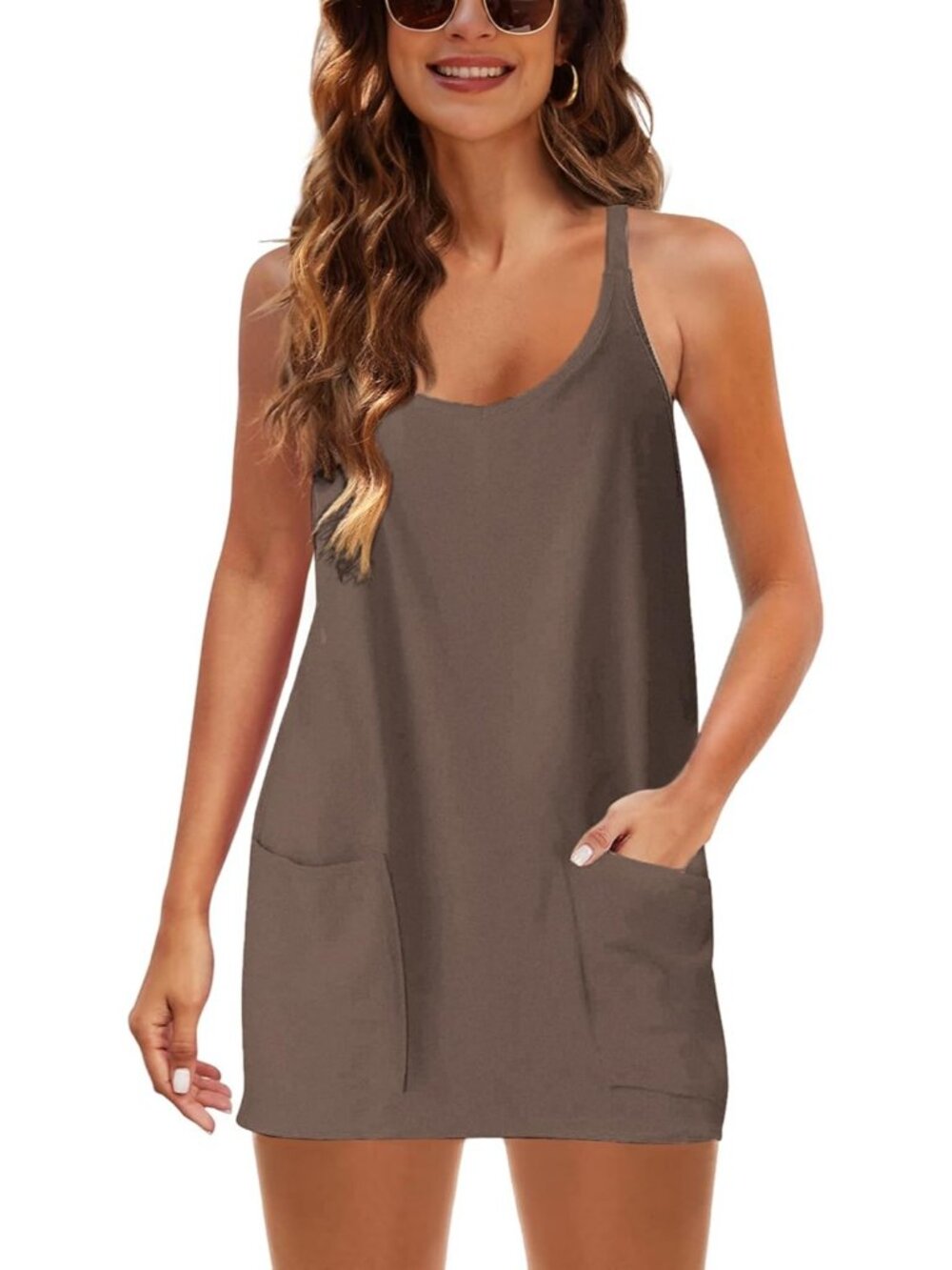 Women's Light Coffee Sleeveless V Neck Spaghetti Straps Built in Short Romper - Picture 5 of 5